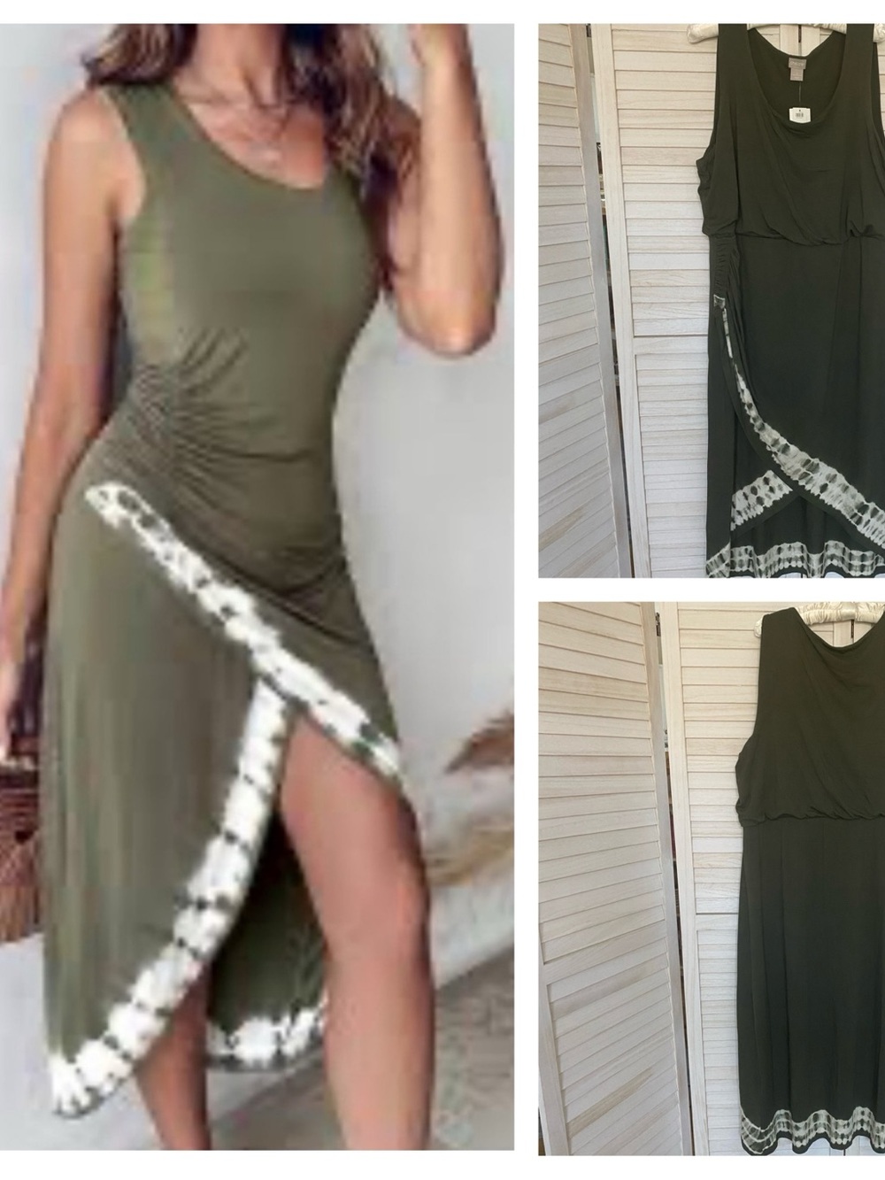 Chico's Deep Olive Sleeveless Wrap Hem Maxi Dress with Cream Tie-Dye Trim XL NWT